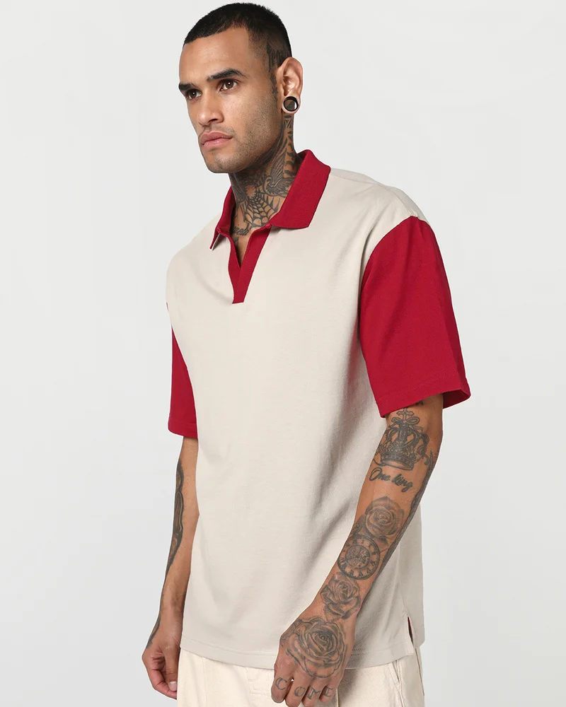 بيواكوف Men's Beige & Red Color Block Oversized Polo T-shirt