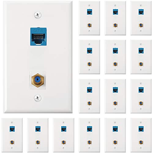 Weewooday Cat 6 Ethernet Wall Plates Cat 6 Coax Wall Plate with Ethernet Port and Goldplated TV Coax Ftype PortBlue16 Pieces - Image 1