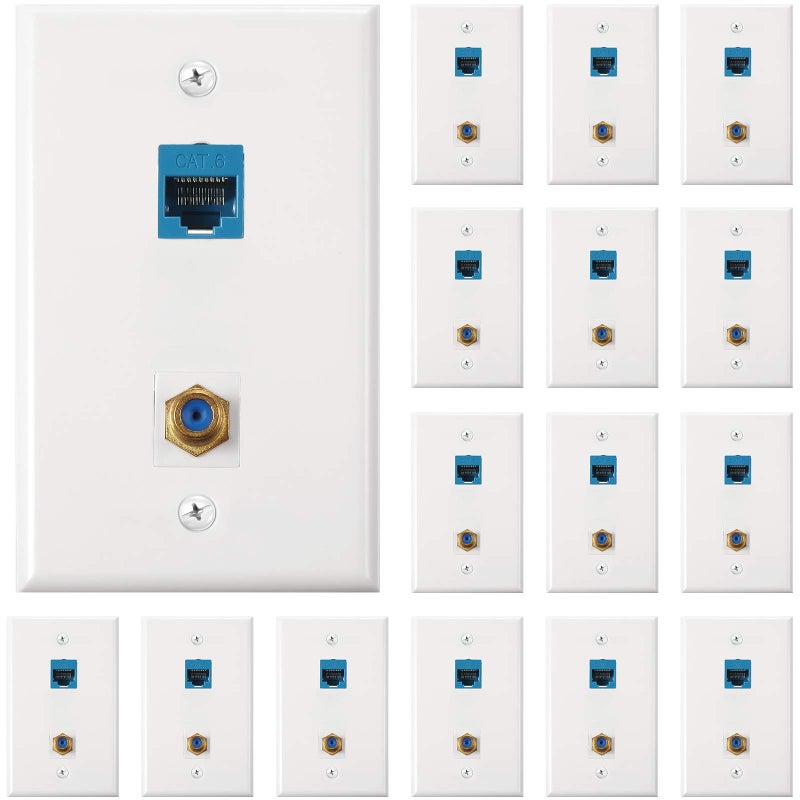 Weewooday Cat 6 Ethernet Wall Plates Cat 6 Coax Wall Plate with Ethernet Port and Goldplated TV Coax Ftype PortBlue16 Pieces - Image 2