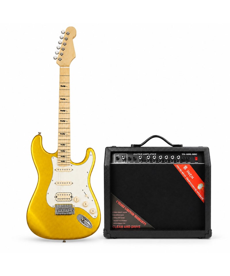 MEGARYA Electric Guitar Starter Kit, 6 String HSS Electric Guitar with TG-40R-MIC Practice Amplifier, Tremolo Bridge, Right Handed Guitar for Beginners, Students & Adults, Metallic Gold