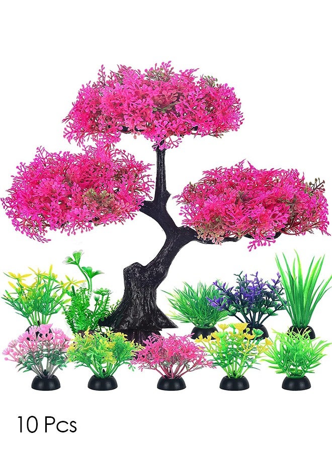 Bukela Aquarium Artificial Plastic Plants Decoration, Pink Cherry Blossom Tree & Grass Aquarium Decor Set, Goldfish Betta Fish Tank Decorations Hides Accessories - Image 1