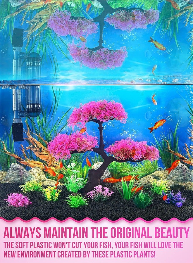 Bukela Aquarium Artificial Plastic Plants Decoration, Pink Cherry Blossom Tree & Grass Aquarium Decor Set, Goldfish Betta Fish Tank Decorations Hides Accessories - Image 4