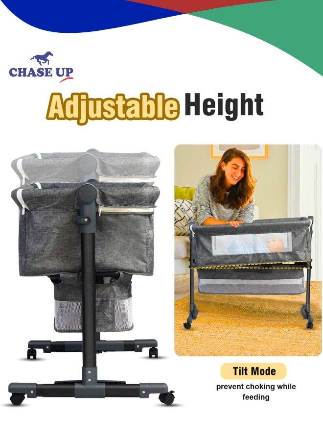 Chase Up Baby Bedside Crib Adjustable, Baby Cradle With Large Storage Basket, Travel Crib with Mattress Breathable Net,Mosquito Net Detachable, Soft Mattress 360°Swivel Wheels, for Infants Newborn - Image 2