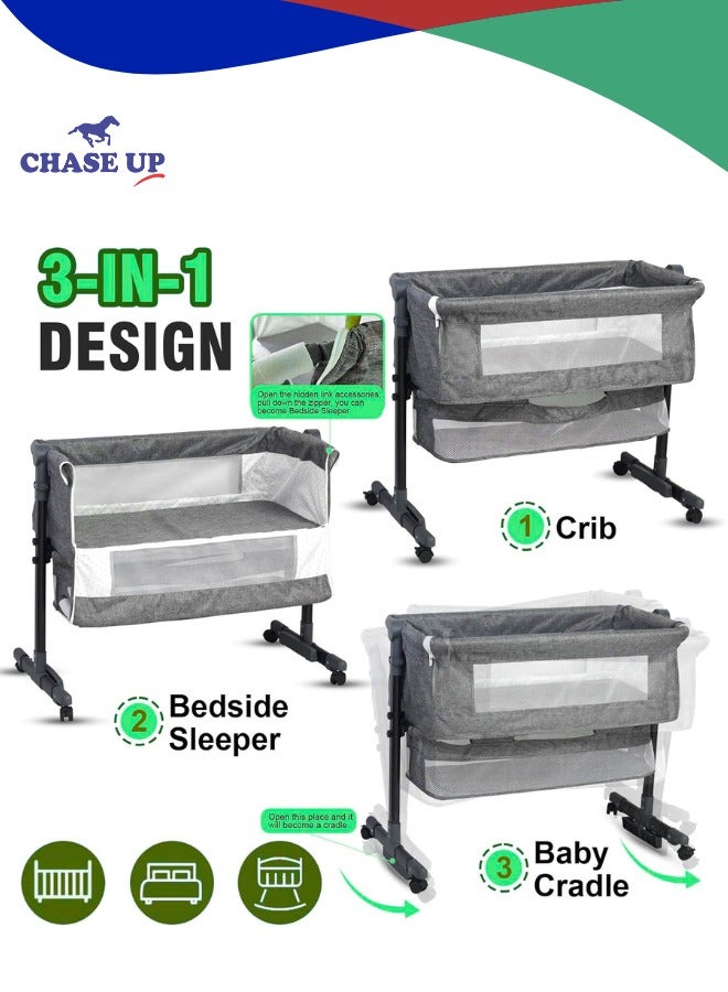 Chase Up Baby Bedside Crib Adjustable, Baby Cradle With Large Storage Basket, Travel Crib with Mattress Breathable Net,Mosquito Net Detachable, Soft Mattress 360°Swivel Wheels, for Infants Newborn - Image 3