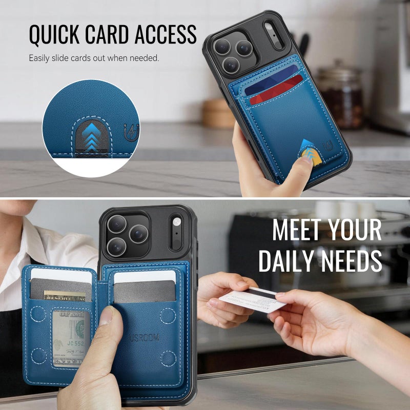 Usroom for iPhone 17 Pro Wallet Case Compatible with Magsafe, Magnetic RFID Blocking Card Holder Kickstand 2 in 1 Detachable Case for iPhone 17 Pro 6.3", Blue - Image 4