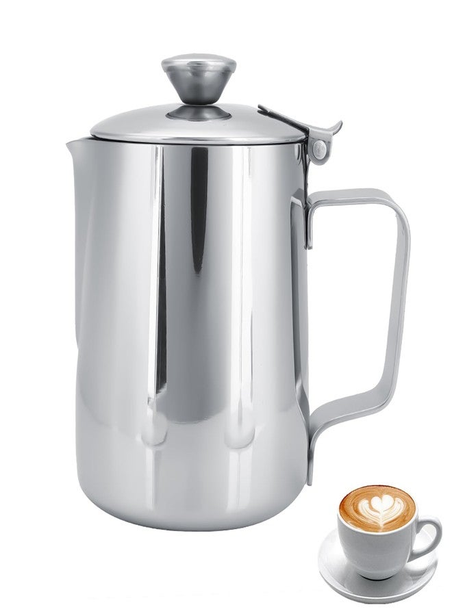 Jwthee Milk Frother Cup with Lid, 350ML Milk Frothing Pitcher Milk Steamer Cup Latte Art Pitcher Stainless Steel Jug Coffee Creamer Container Creamer Dispenser with Lid for Latte Coffee Art - Image 1