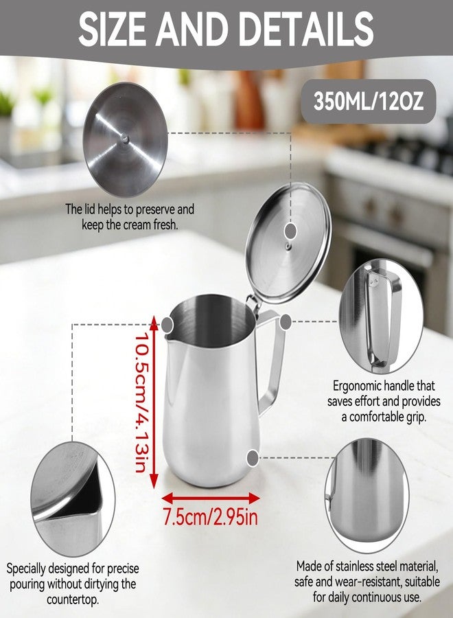Jwthee Milk Frother Cup with Lid, 350ML Milk Frothing Pitcher Milk Steamer Cup Latte Art Pitcher Stainless Steel Jug Coffee Creamer Container Creamer Dispenser with Lid for Latte Coffee Art - Image 4