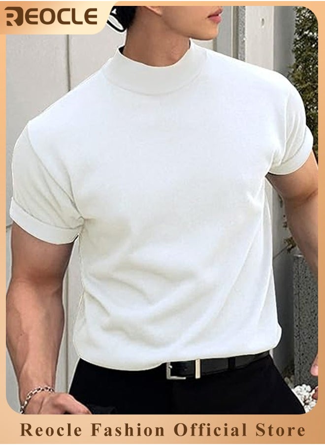 REOCLE Men's T Shirt with High Neck Basic Designed Undershirt Slim Fit Top Casual Turtleneck T-Shirt Short Sleeve Summer Basic Tops  - Image 1