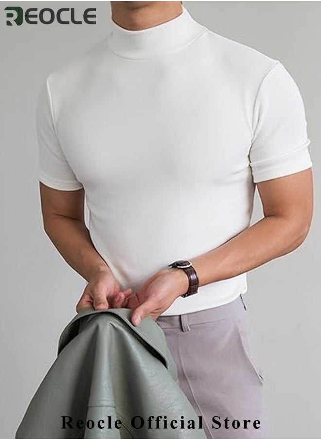 REOCLE Men's T Shirt with High Neck Basic Designed Undershirt Slim Fit Top Casual Turtleneck T-Shirt Short Sleeve Summer Basic Tops  - Image 5