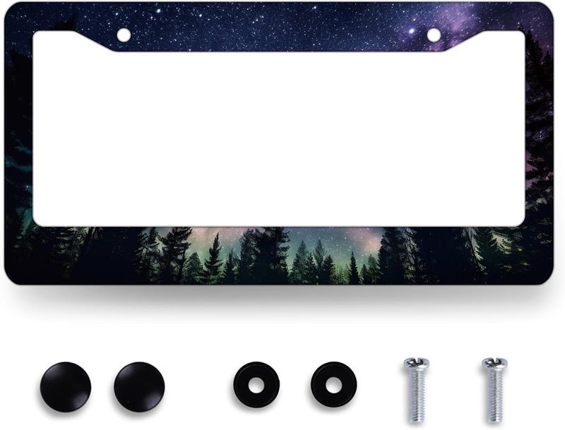 Galaxy Forest License Plate Frame Colorful Galaxy Moon Stars License Plate Personalise Stainless Steel Rust-Proof Auto Parts Funny License Plate Beautiful Decoration with Screws 12.3"x 6.3" - Image 1