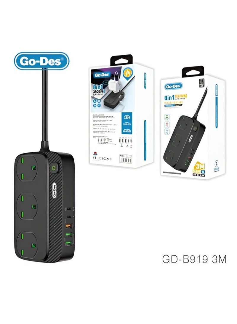 جو-ديز توصيلة كهرباء 8 في 1 بقوة 3500 وات مع ثلاثة مقابس وثلاثة منافذ USB ومنفذين PD وكابل تمديد بطول 3 أمتار وحماية من زيادة التيار - Image 1