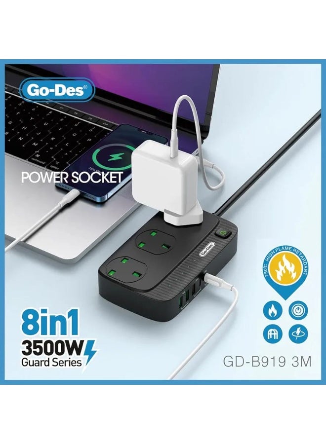 جو-ديز توصيلة كهرباء 8 في 1 بقوة 3500 وات مع ثلاثة مقابس وثلاثة منافذ USB ومنفذين PD وكابل تمديد بطول 3 أمتار وحماية من زيادة التيار - Image 2