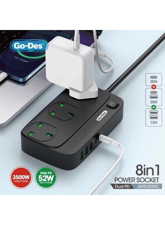جو-ديز توصيلة كهرباء 8 في 1 بقوة 3500 وات مع ثلاثة مقابس وثلاثة منافذ USB ومنفذين PD وكابل تمديد بطول 3 أمتار وحماية من زيادة التيار - Image 3
