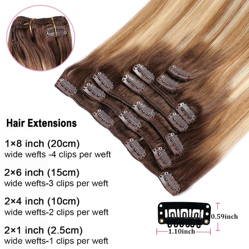 ORIGEN Clip in Hair Extensions Real Remy Human Hair Balayage Chocolate Brown to Caramel Blonde Mixed Brown Hair Extensions for Women 80g 7 Pcs 14 Inches - Image 3