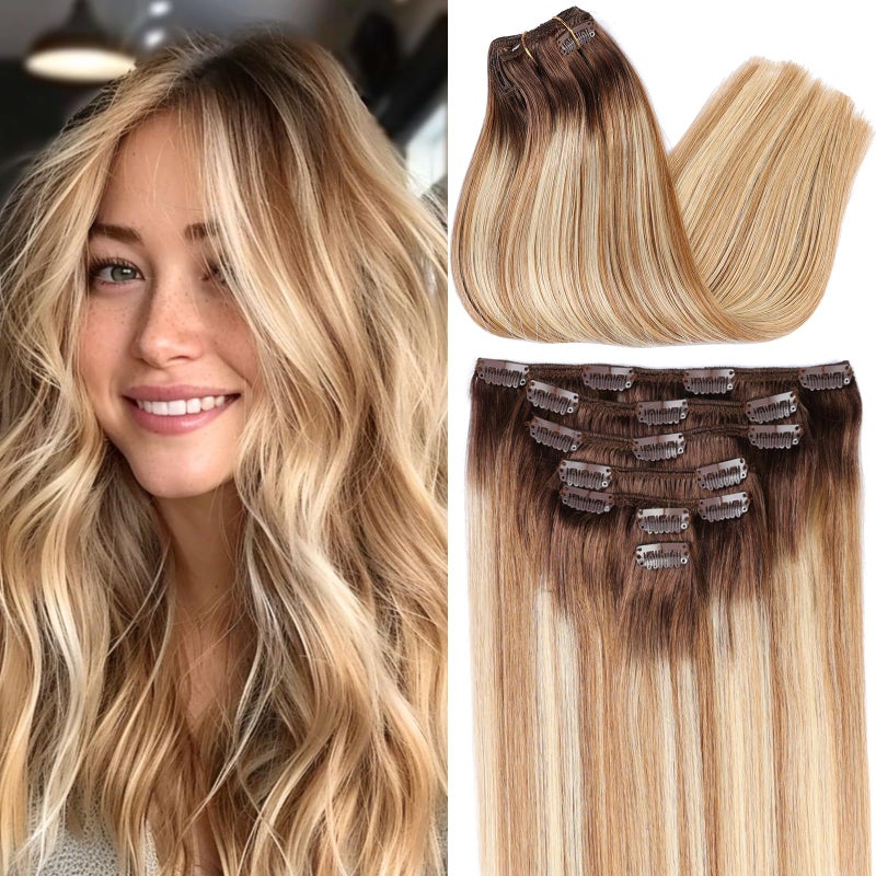 ORIGEN Clip in Hair Extensions Real Remy Human Hair Balayage Chocolate Brown to Caramel Blonde Mixed Brown Hair Extensions for Women 80g 7 Pcs 14 Inches - Image 1