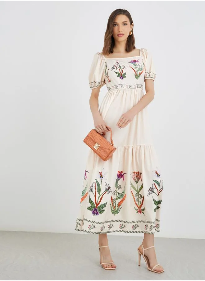 تايك تو Take Two Floral Print Puff Sleeve Square Neck Midi Dress