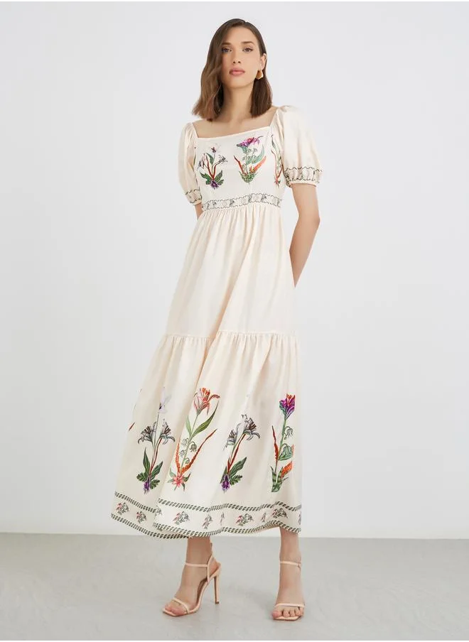تايك تو Take Two Floral Print Puff Sleeve Square Neck Midi Dress