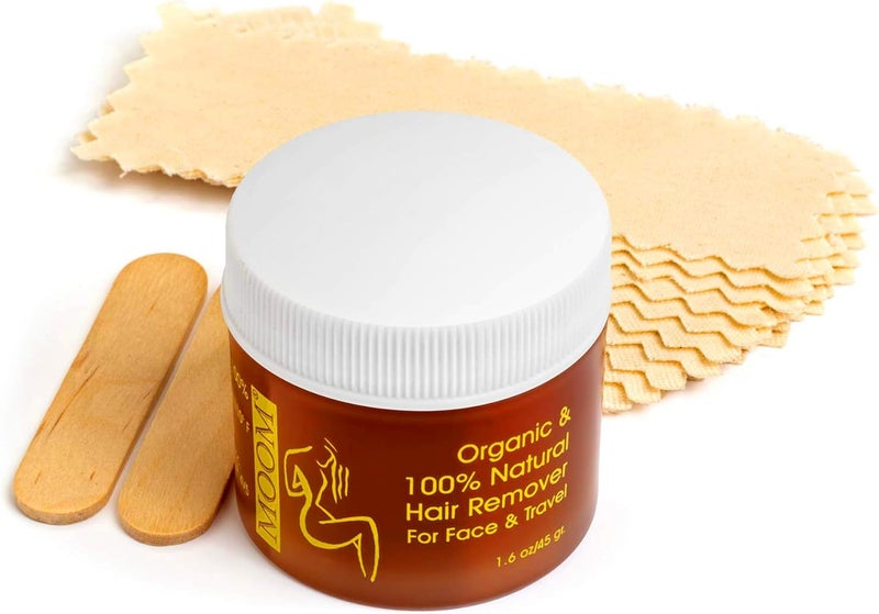 مجموعة سفر شمع السكر للوجه من مووم لإزالة الشعر للذقن والحواجب والشفة العليا مصنوعة من الألوة فيرا وزيت شجرة الشاي تشمل وعاء سعة 16 أونصة و6 شرائح قماش قابلة لإعادة الاستخدام و2 عصا لتطبيق الشمع