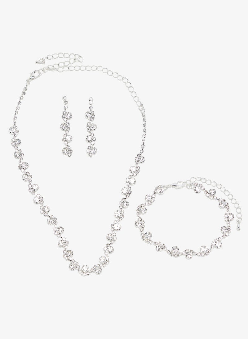 ELLA Silver Diamonte Rhinestone Jewelry Set Choker Bracelet  Earrings - Image 1