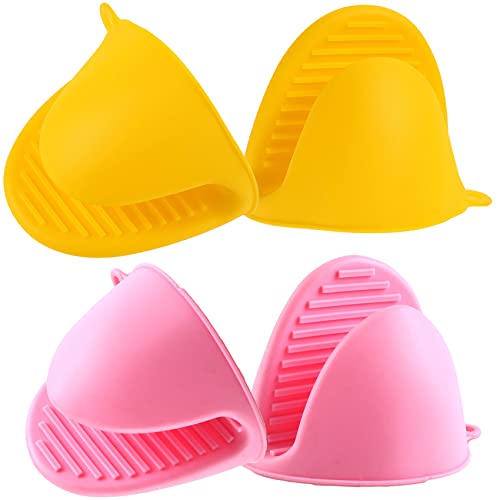Acronde 2 Pairs Mini Oven Gloves Silicone Heat Resistant Cooking Pinch Mitts Potholder for Kitchen Cooking  Baking Yellow and Pink
