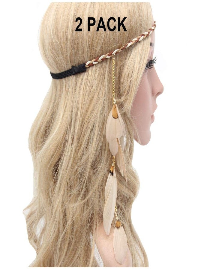 WLBON Feather Headband Hippie Indian Boho Hair Bands Tassel Bohemian Halloween Hair Hoop Women Crown Hairband Party Decoration Headdress Cosplay Costume Headwear Headpiece Handmade Hair Accessories 2 Pack - Image 1