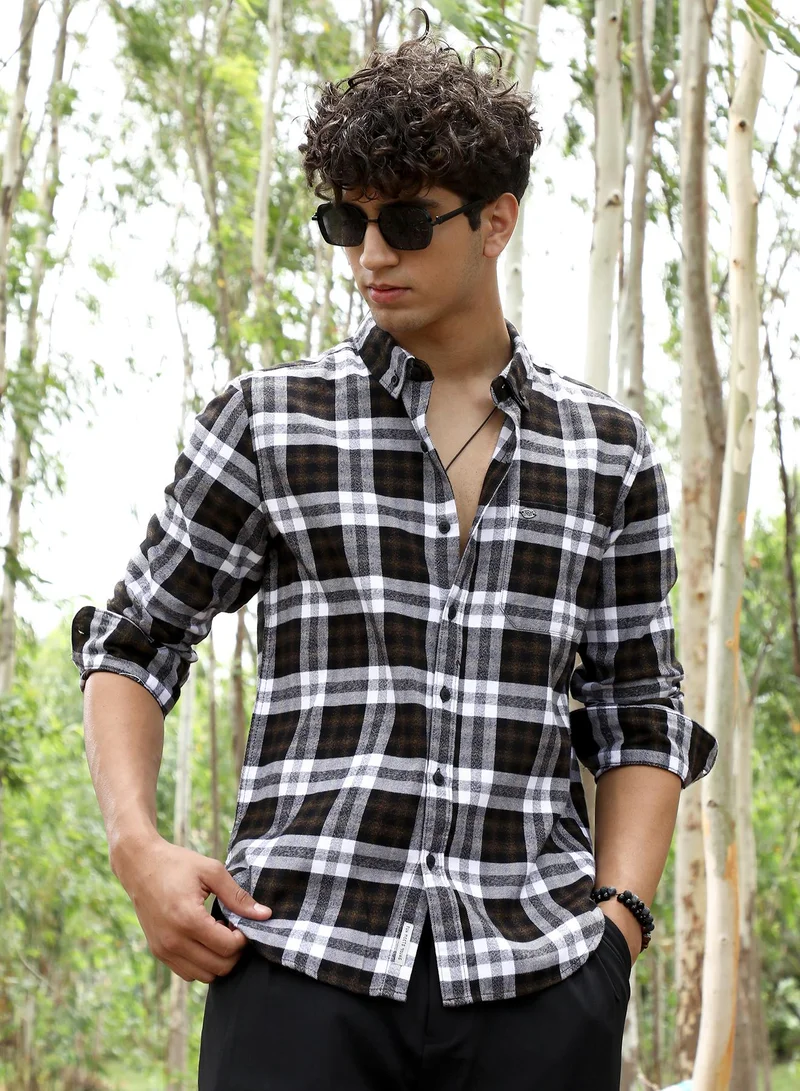 Campus Sutra Campus Sutra Men's Onyx Black & Cream White Tartan-Woven Regular Shirt | Button-Down Collar , Long Sleeve Cuffed Sleeves , Button Closure | Checks Plaid | Cotton Shirt For Casual Wear
