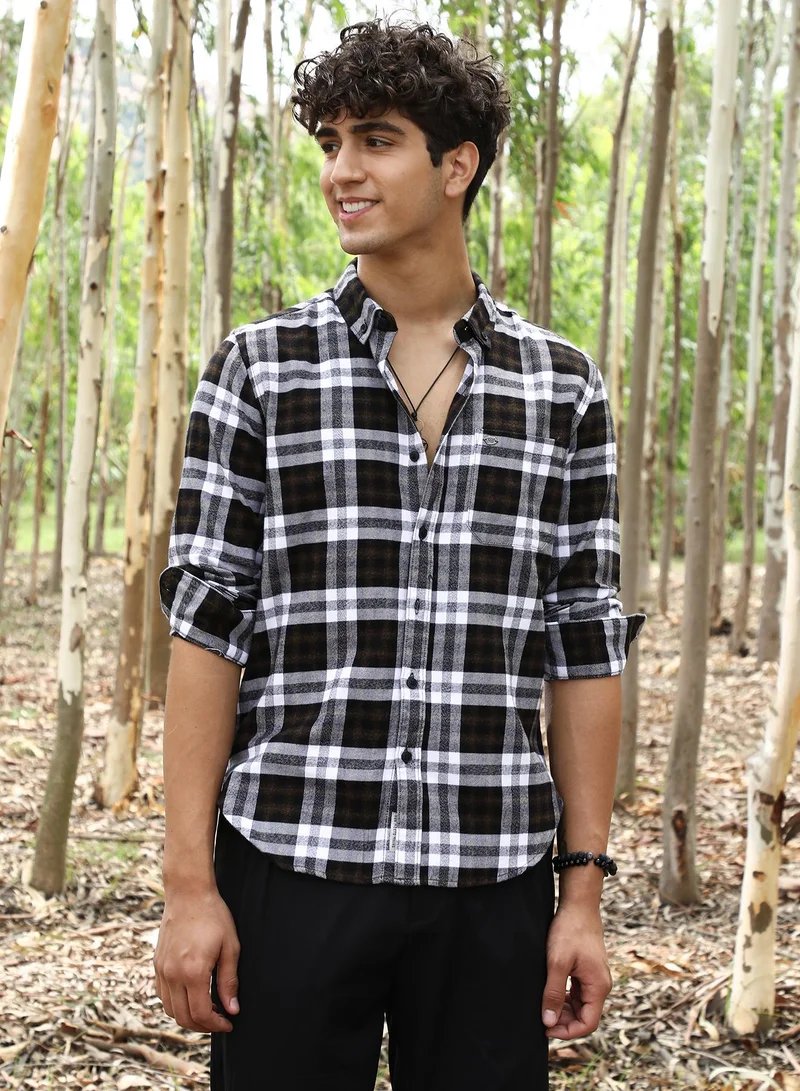 Campus Sutra Campus Sutra Men's Onyx Black & Cream White Tartan-Woven Regular Shirt | Button-Down Collar , Long Sleeve Cuffed Sleeves , Button Closure | Checks Plaid | Cotton Shirt For Casual Wear