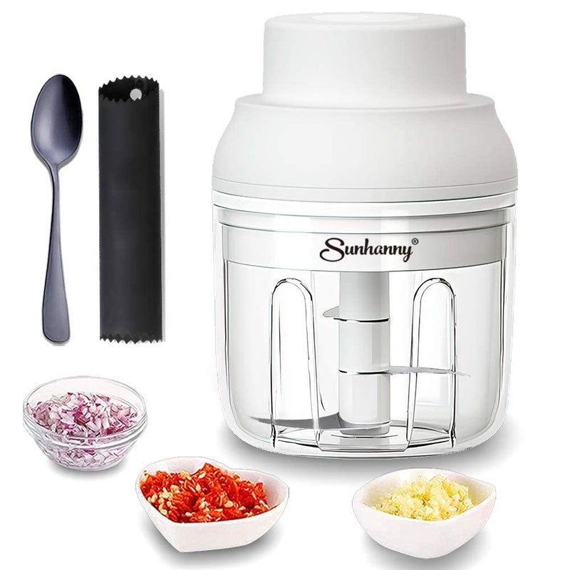 Sunhanny Electric Garlic Chopper Mini, Garlic Masher Crusher, Food Processor Small with Garlic Peeler And Spoon (250ML/8.5FL OZ, White) - Image 1