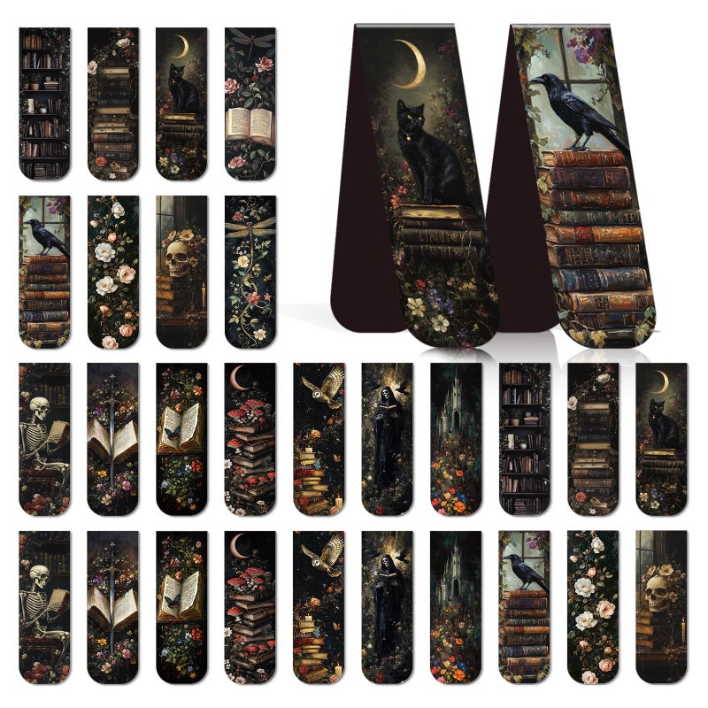 Wxiben Dark Academia Magnetic Bookmark - 30 Pcs Gothic Flower Book Mark Magnets Retro Aesthetic Bookmarks Magnetic Skull Plants Dragonfly Book Markers Page Clip for Women Students Teacher Reading Gift - Image 1