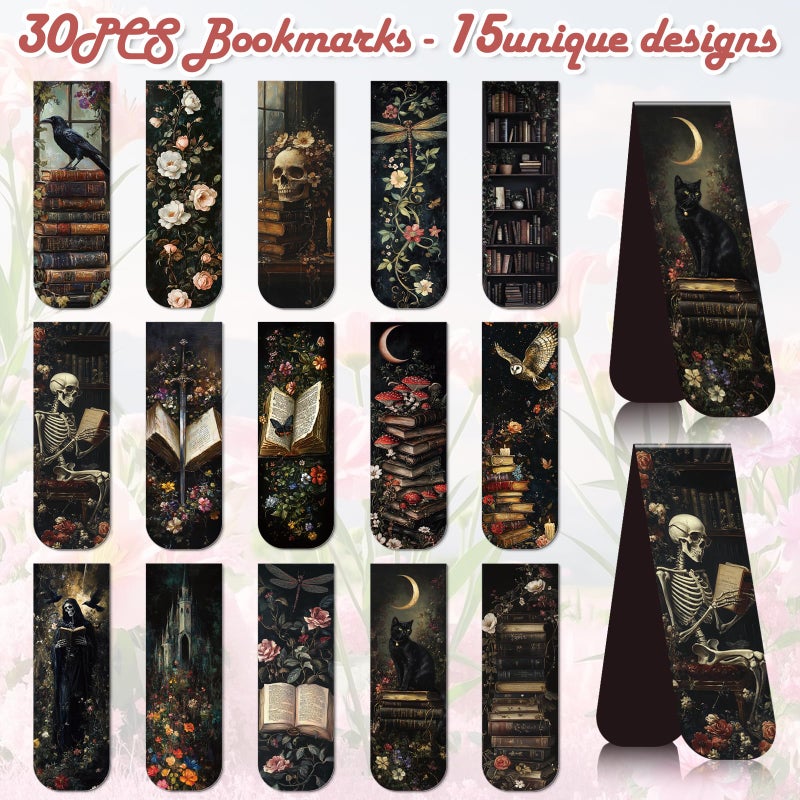 Wxiben Dark Academia Magnetic Bookmark - 30 Pcs Gothic Flower Book Mark Magnets Retro Aesthetic Bookmarks Magnetic Skull Plants Dragonfly Book Markers Page Clip for Women Students Teacher Reading Gift - Image 3