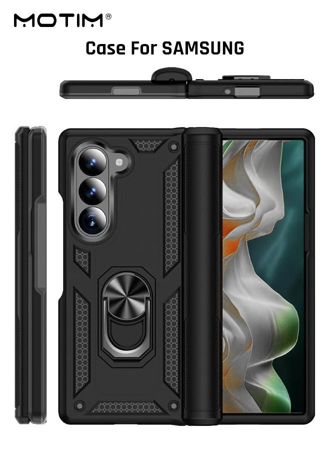 Samsung Galaxy Z Fold 6 Folding Case with Armor Design, Heavy Duty Built In Kickstand, Rotable Ring Holder, Scratch-Proof, Drop-Proof Protection Phone Case Cover