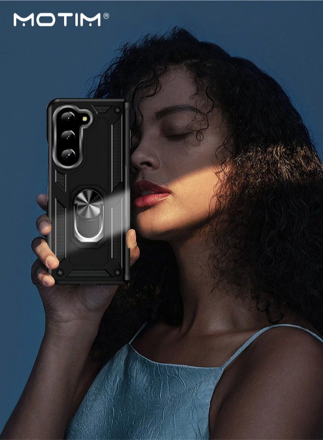 Samsung Galaxy Z Fold 6 Folding Case with Armor Design, Heavy Duty Built In Kickstand, Rotable Ring Holder, Scratch-Proof, Drop-Proof Protection Phone Case Cover