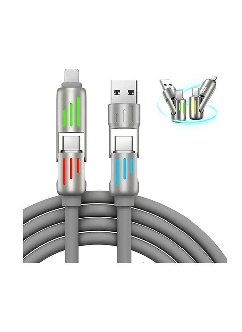 4 in 1 Charging Cable 240W 4-in-1 USB C Cable Multi Charger Cable with Breathing Light Portable Fast Charging & Data Sync Silicone Type C Charger Cord (Gray, 2 Meter)