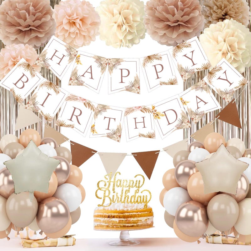 Aurasys Birthday Decorations for Women Beige Cream Neutral Balloons Happy Birthday Decorations Boho Party Banner - Image 2