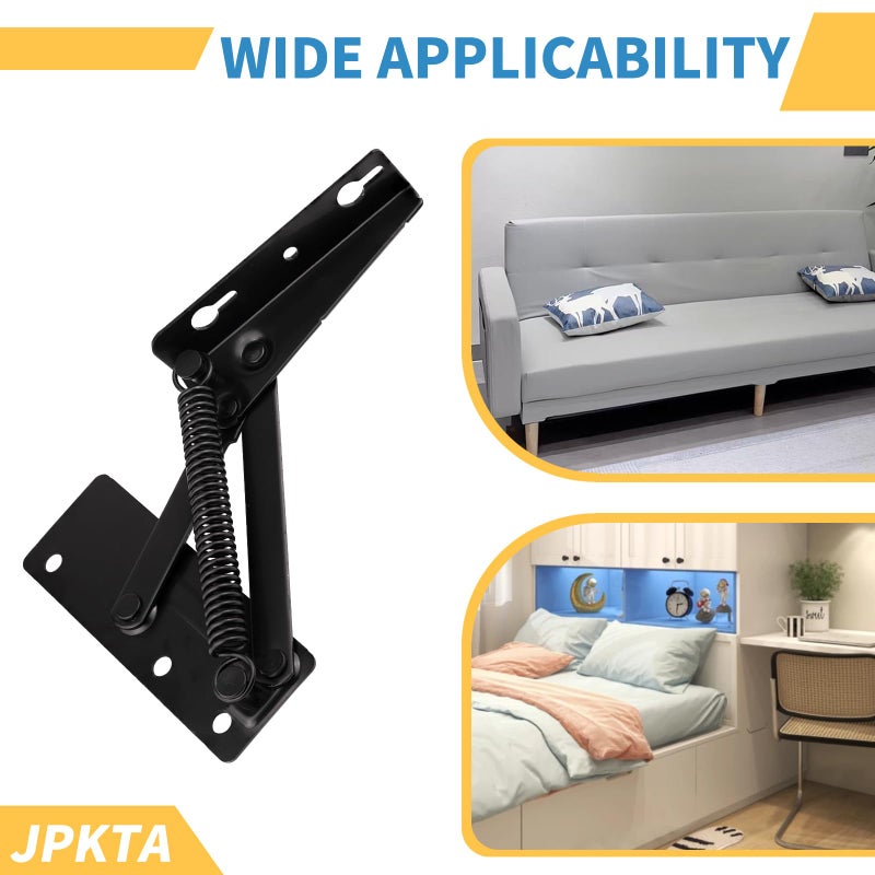 JPKTA 2 Pcs 80 Degree Bench Seat Hinge Foldable Lifting Bracket Heavy Duty Black Spring Hinges Widely Used in Toy Box Chest,Piano Stool,Folding Sofa Bed Corner Cabinet,Furniture Storage Support Hinges - Image 4