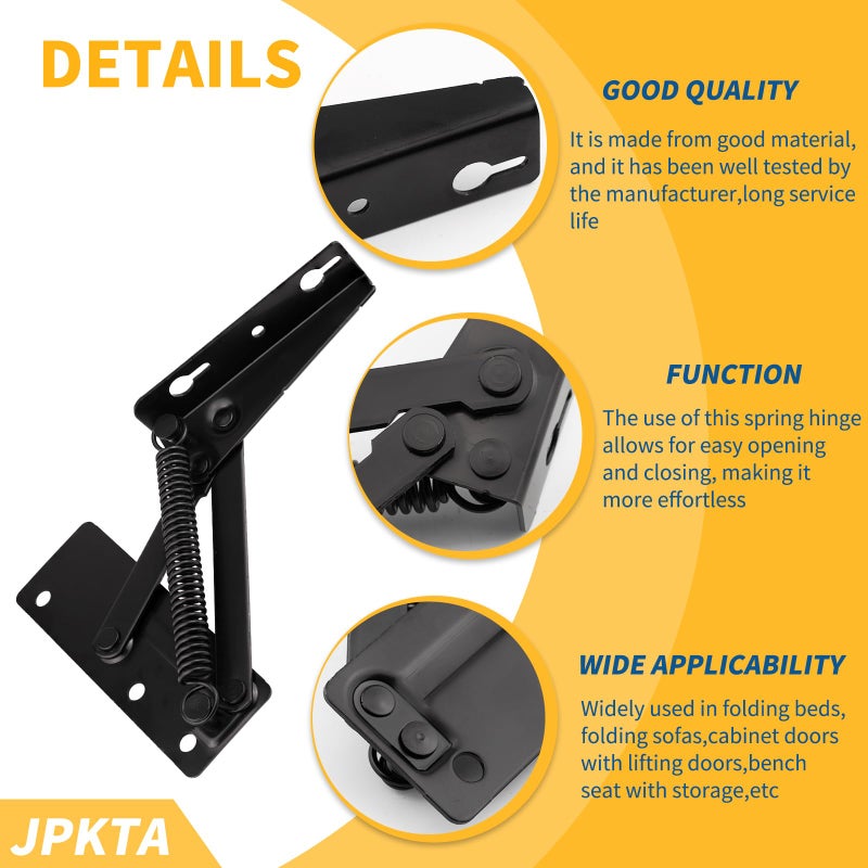 JPKTA 2 Pcs 80 Degree Bench Seat Hinge Foldable Lifting Bracket Heavy Duty Black Spring Hinges Widely Used in Toy Box Chest,Piano Stool,Folding Sofa Bed Corner Cabinet,Furniture Storage Support Hinges - Image 3