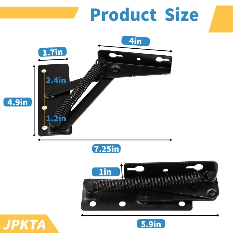 JPKTA 2 Pcs 80 Degree Bench Seat Hinge Foldable Lifting Bracket Heavy Duty Black Spring Hinges Widely Used in Toy Box Chest,Piano Stool,Folding Sofa Bed Corner Cabinet,Furniture Storage Support Hinges - Image 2