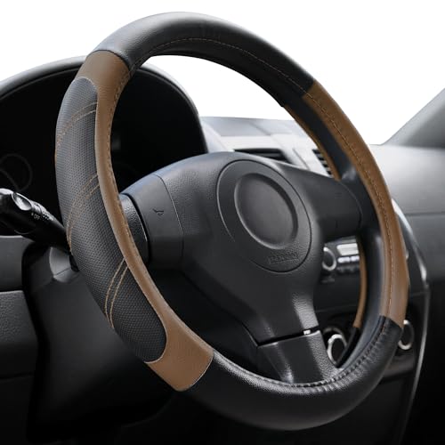 Elantrip Leather Steering Wheel Cover 15 1216 inch Universal Padded Soft Grip Breathable for Car Truck SUV Jeep Anti Slip Brown - Image 1