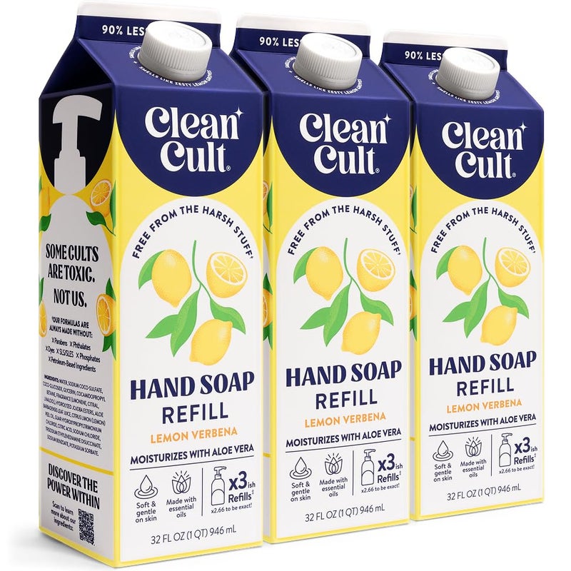 Cleancult Liquid Hand Soap Refills - Lemon Verbena - Moisturizes Dry & Sensitive Skin - Made with Aloe Vera & Essential Oils - Eco Friendly - Paper-Based Packaging - 32 oz/3 Pack - Image 1
