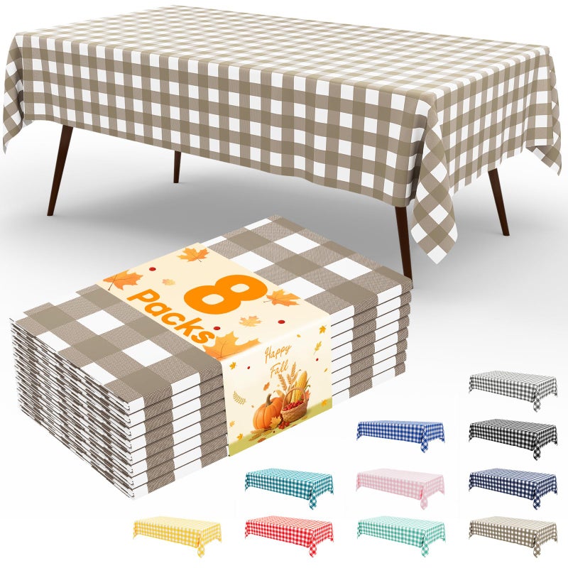 misaya 8 Packs Buffalo Disposable Table Cloth 54 x 108 Inch Waterproof Plastic Tablecloth Rectangle White and Khaki Checkered Table Covers for Picnic Birthday Party