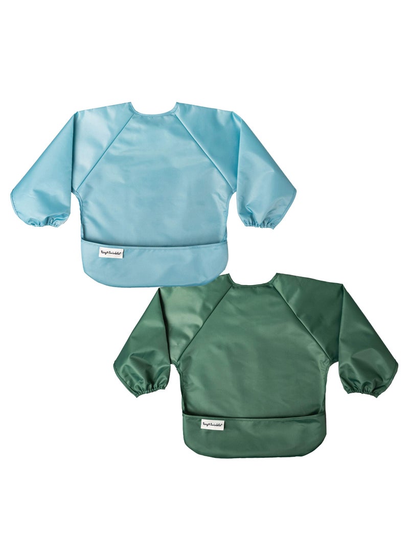 Tiny Twinkle Tiny Twinkle Mess Proof Baby Bib, 2 Pack Full Sleeve Bib Outfit, Waterproof Bibs for Toddlers, Machine Washable, Tug Proof Closure, Baby Smock for Eating, Long Sleeve (Slate Olive, Small 6-24 Months)  - Image 1