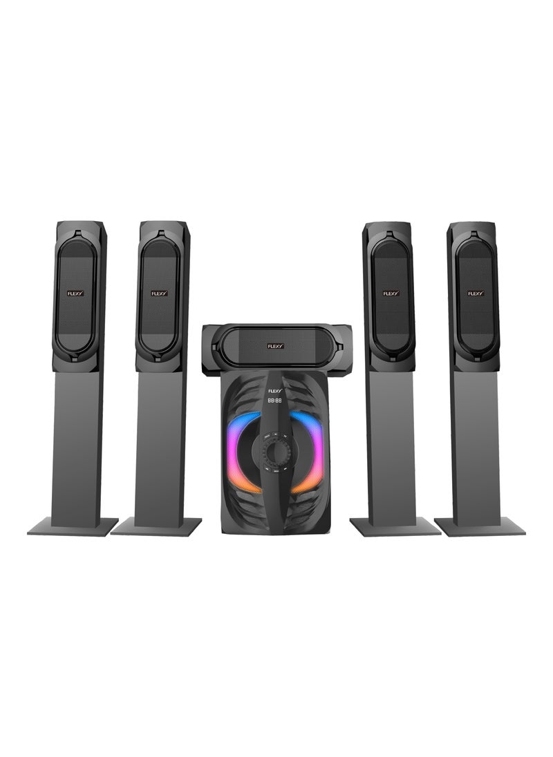 فليكسي **نظام مكبر صوت مسرح منزلي Flexy 5.1 - 20000 PMPO، Dolby Digital، بلوتوث، USB/SD، إضاءة LED، راديو FM، جهاز تحكم عن بعد، مكبر صوت قوي، ضمان لمدة عامين**  - Image 1