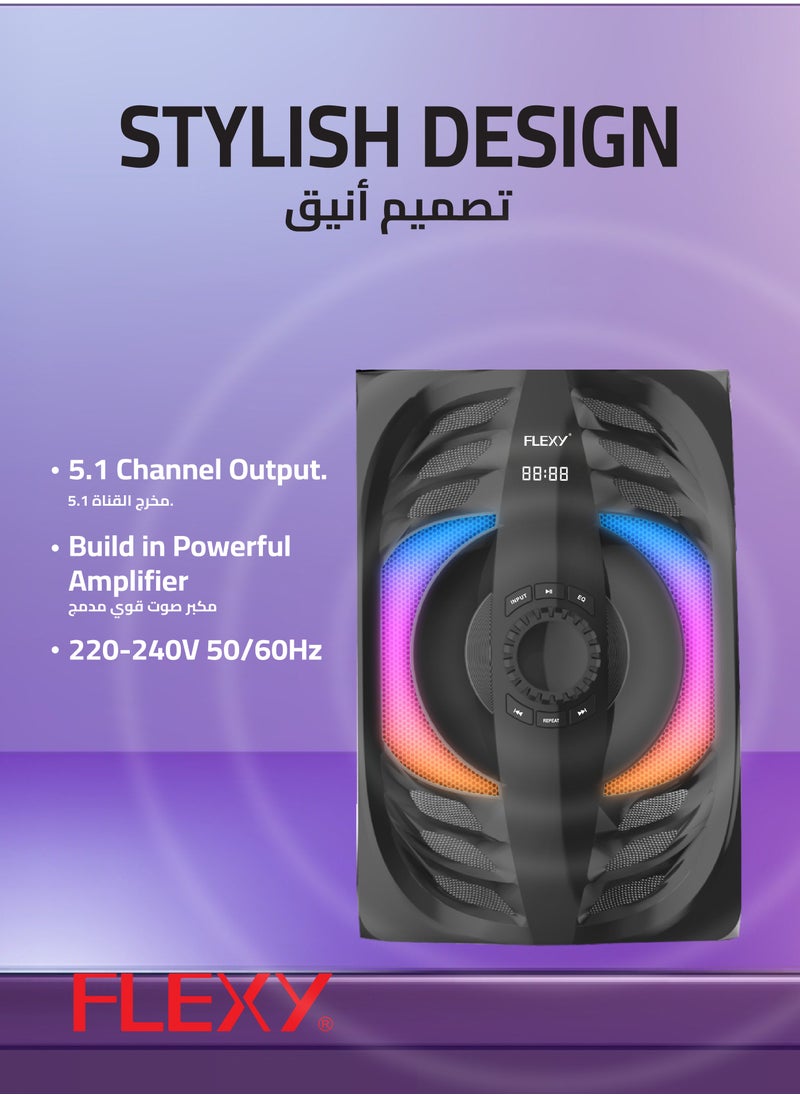 فليكسي **نظام مكبر صوت مسرح منزلي Flexy 5.1 - 20000 PMPO، Dolby Digital، بلوتوث، USB/SD، إضاءة LED، راديو FM، جهاز تحكم عن بعد، مكبر صوت قوي، ضمان لمدة عامين**  - Image 3
