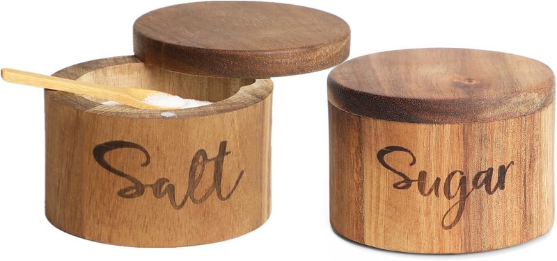 LBEMEY Acacia Wood Spice Box with Swivel Cover for Kitchen Countertop,Salt Keeper with Built-in Spoon,Modern Farmhouse Kitchen Decoror for Storing Seasonings (Labeled Salt & Sugar) - Image 1