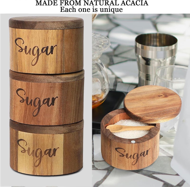 LBEMEY Acacia Wood Spice Box with Swivel Cover for Kitchen Countertop,Salt Keeper with Built-in Spoon,Modern Farmhouse Kitchen Decoror for Storing Seasonings (Labeled Salt & Sugar) - Image 4