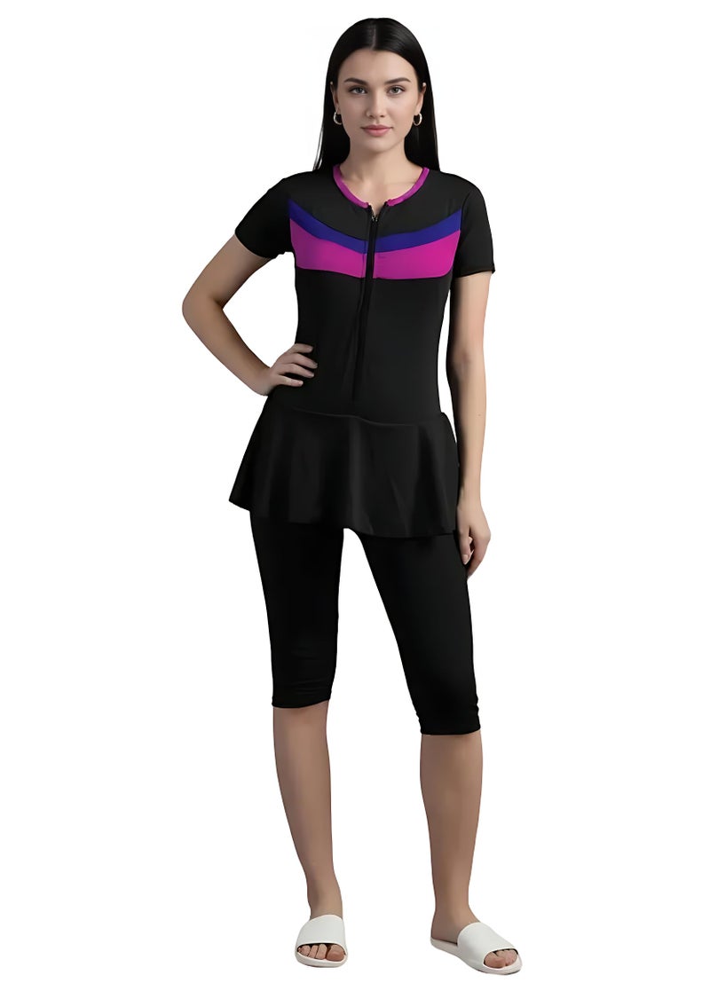 N-Gal Women Front Zip Frock Style Knee Length Padded One Piece Swimming Costume |Swimsuit Set for Women|Black|L - Image 1