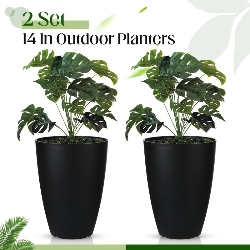 RimCereal 2 Pack 14 Inch Tall Planters for Outdoor Indoor Plants, Black Round Resin Plant Flower Pots with Drainage Hole for Front Porch Patio Garden Deck Living Room Decor - Image 2