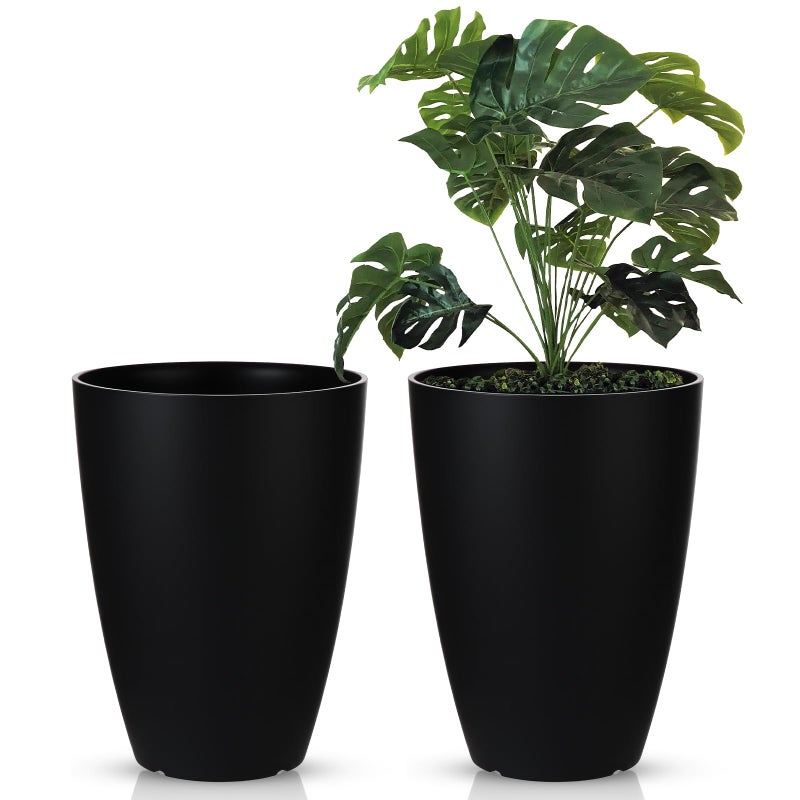 RimCereal 2 Pack 14 Inch Tall Planters for Outdoor Indoor Plants, Black Round Resin Plant Flower Pots with Drainage Hole for Front Porch Patio Garden Deck Living Room Decor - Image 1