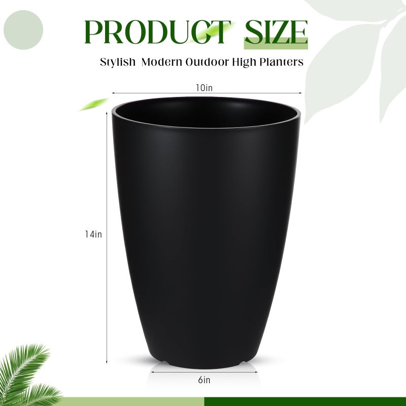 RimCereal 2 Pack 14 Inch Tall Planters for Outdoor Indoor Plants, Black Round Resin Plant Flower Pots with Drainage Hole for Front Porch Patio Garden Deck Living Room Decor - Image 3