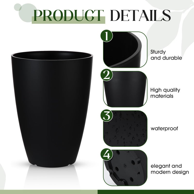 RimCereal 2 Pack 14 Inch Tall Planters for Outdoor Indoor Plants, Black Round Resin Plant Flower Pots with Drainage Hole for Front Porch Patio Garden Deck Living Room Decor - Image 4